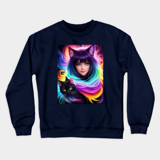 Furry Anime Girl and Cat Crewneck Sweatshirt by Juka